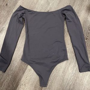 Size small Babaton off the shoulder bodysuit in charcoal grey colour.